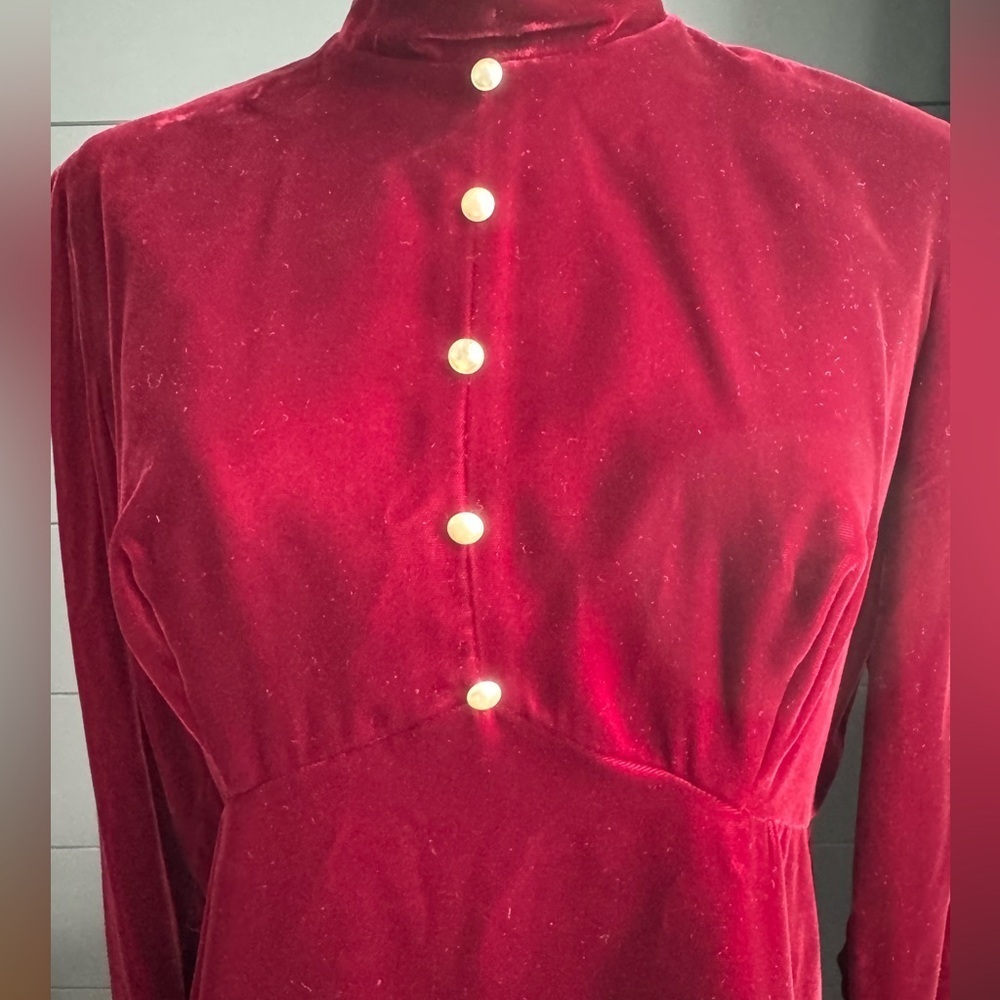 Vintage Red Velvet Like 1960’s Zippered Dress with Cream Lace, Christmas - Picture 8 of 16